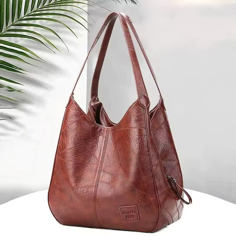 Vintage Leather Marble-Grain Shoulder Bag – Large Tote for Women